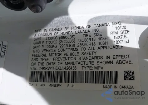 2020 Honda Cr-V 2Wd Ex-L z USA, uszkodzony, nr VIN 2HKRW1H8XLH426436